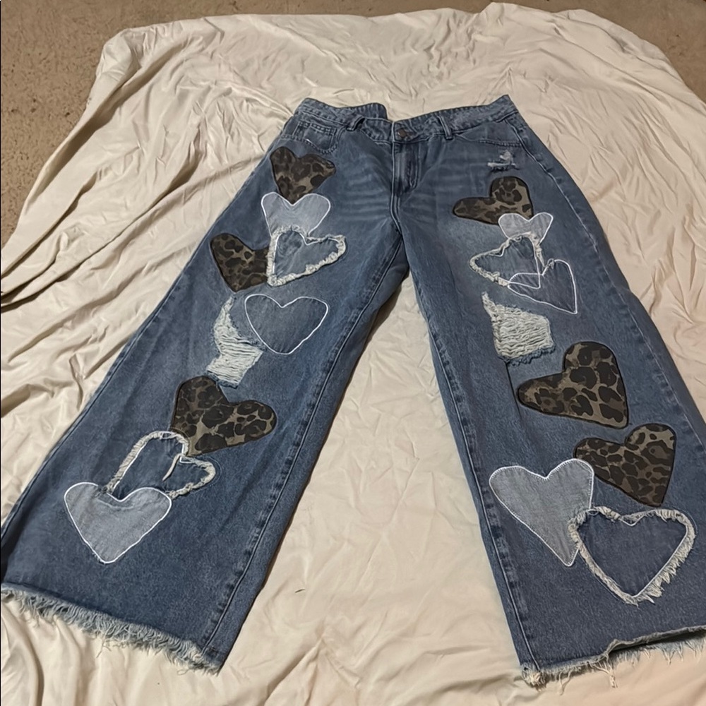 Blue Flare Jeans with Heart Accents